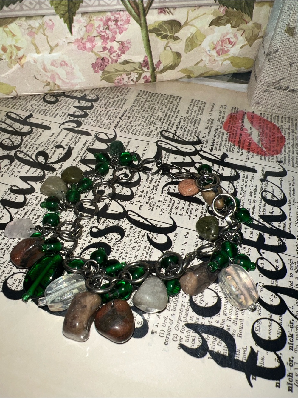 Green Beaded Charm Bracelet with Natural Stone Accents